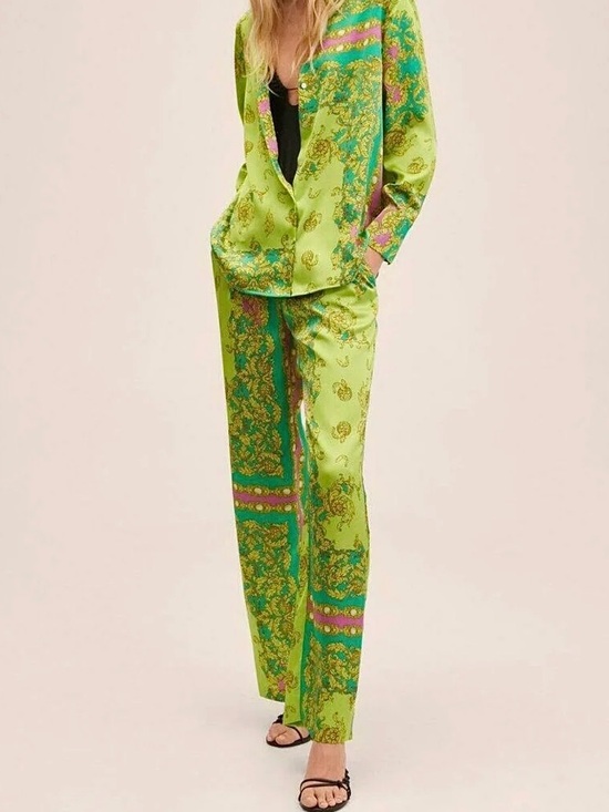 Mango Pants - Mango Green Multicolored Baroque Print Satin Pant Set, Size 2, NWT